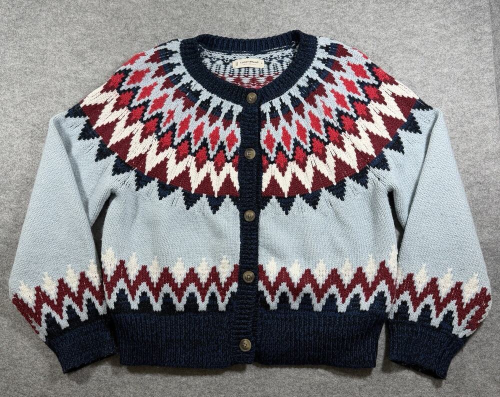 Lucky Brand Fair Isle Cardigan Womens M Blue Red White Wool Blend Button Sweater